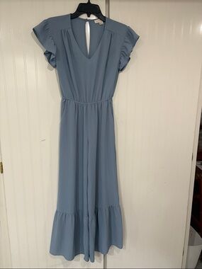 V-Neck Ruffle Sleeve Jumpsuit in Dusty Blue
